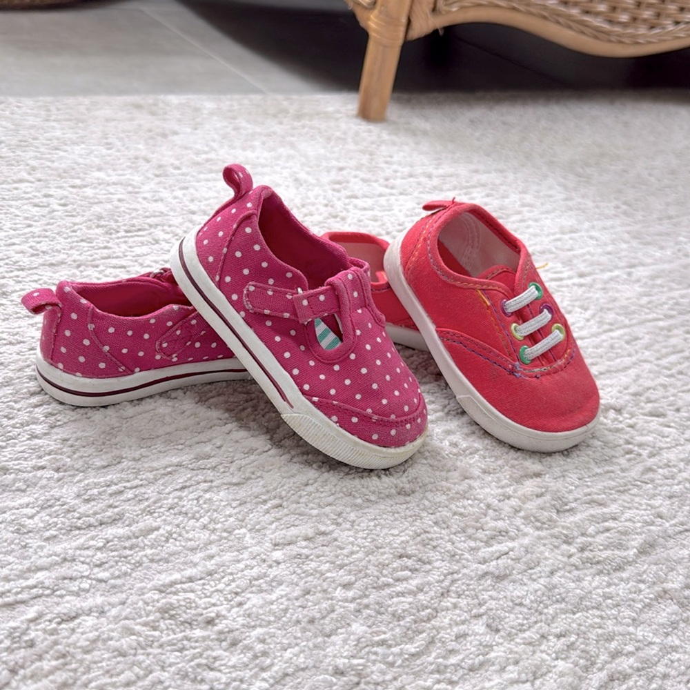 2 Pr.Garanimal Toddler Girl's Pink Polka-Dot, Coral Sneakers-Size 4- Gently Worn